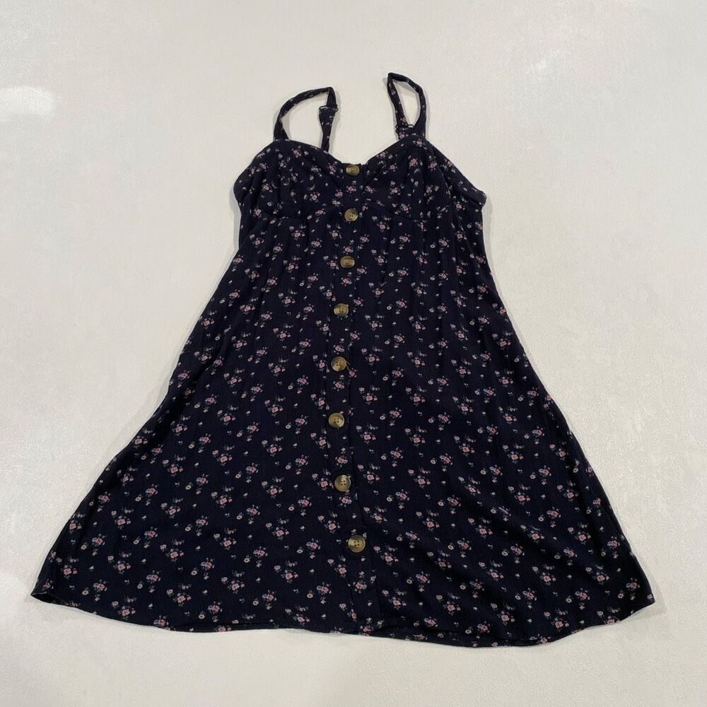 American Eagle Floral Babydoll Mini Dress Women Small Navy Button Front Sundress